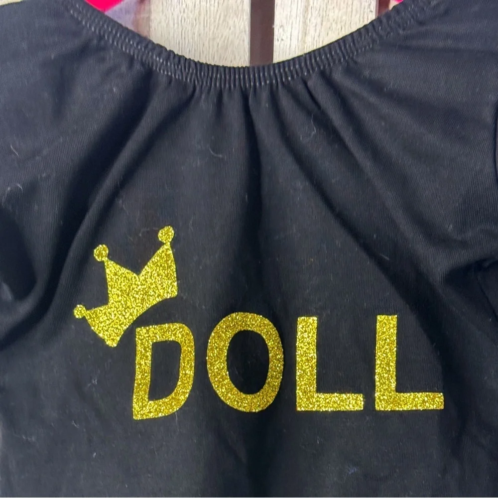 Small Shop “DOLL” Crown Leotard Size 3/4 Black Gold Dance Costume Toddler Girl